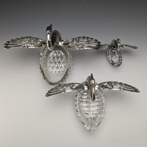 1972 British Vintage Swan Shape Sterling Silver & Cut Glass Accessory Case Large Medium Small Set of 3